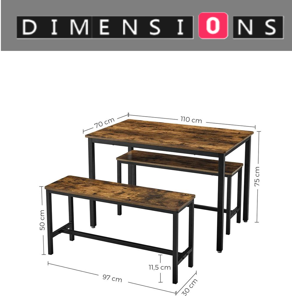 3-Piece Dining Table Set with 2 Benches – Industrial Style Space-Saving Design for 4 People