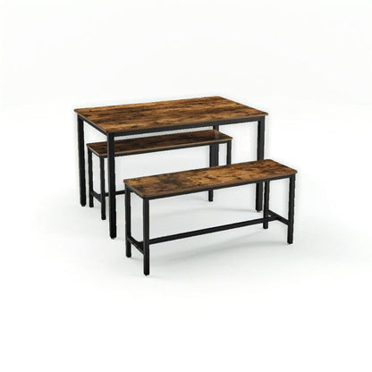 3-Piece Dining Table Set with 2 Benches – Industrial Style Space-Saving Design for 4 People