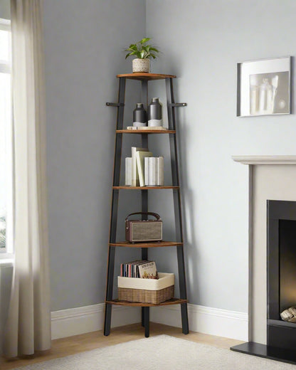Rustic 5-Tier Corner Ladder Shelf – Industrial Bookcase & Plant Stand
