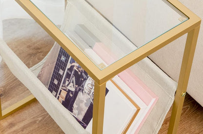 Slim Gold Side Table – Narrow Glass Sofa End Table with Fabric Magazine Holder