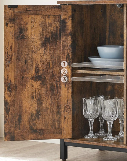 Industrial Sideboard Buffet Table with Barn Doors & Adjustable Shelves – Rustic Brown & Black