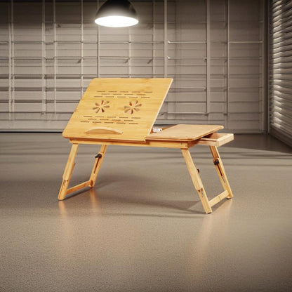 Adjustable Bamboo Laptop Bed Tray Table with Drawer, Folding Stand for 14" Laptops, Portable Desk