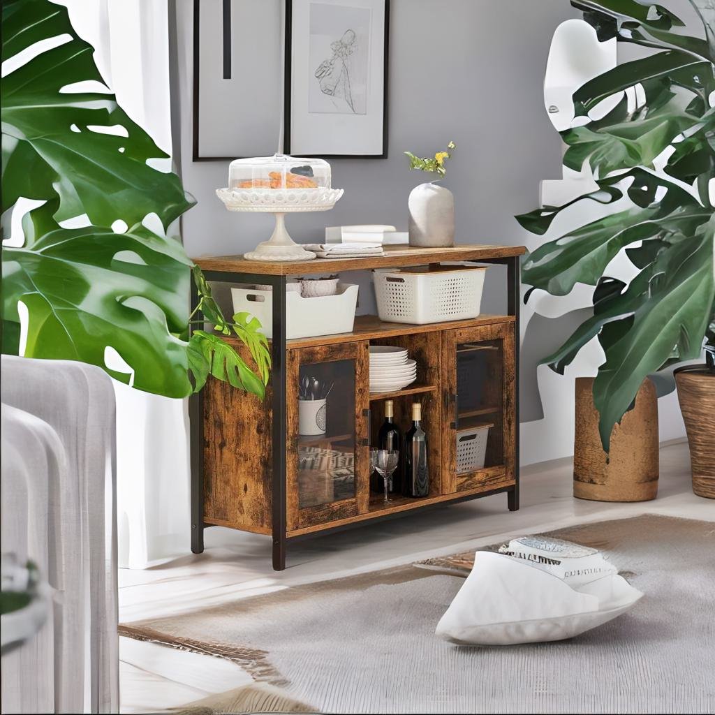 Rustic Sideboard Buffet Table with Glass Doors – Storage Cabinet with Adjustable Shelves