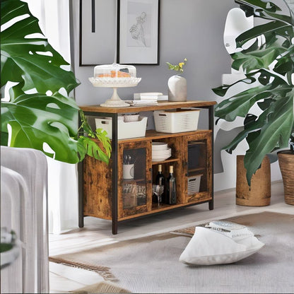 Rustic Sideboard Buffet Table with Glass Doors – Storage Cabinet with Adjustable Shelves
