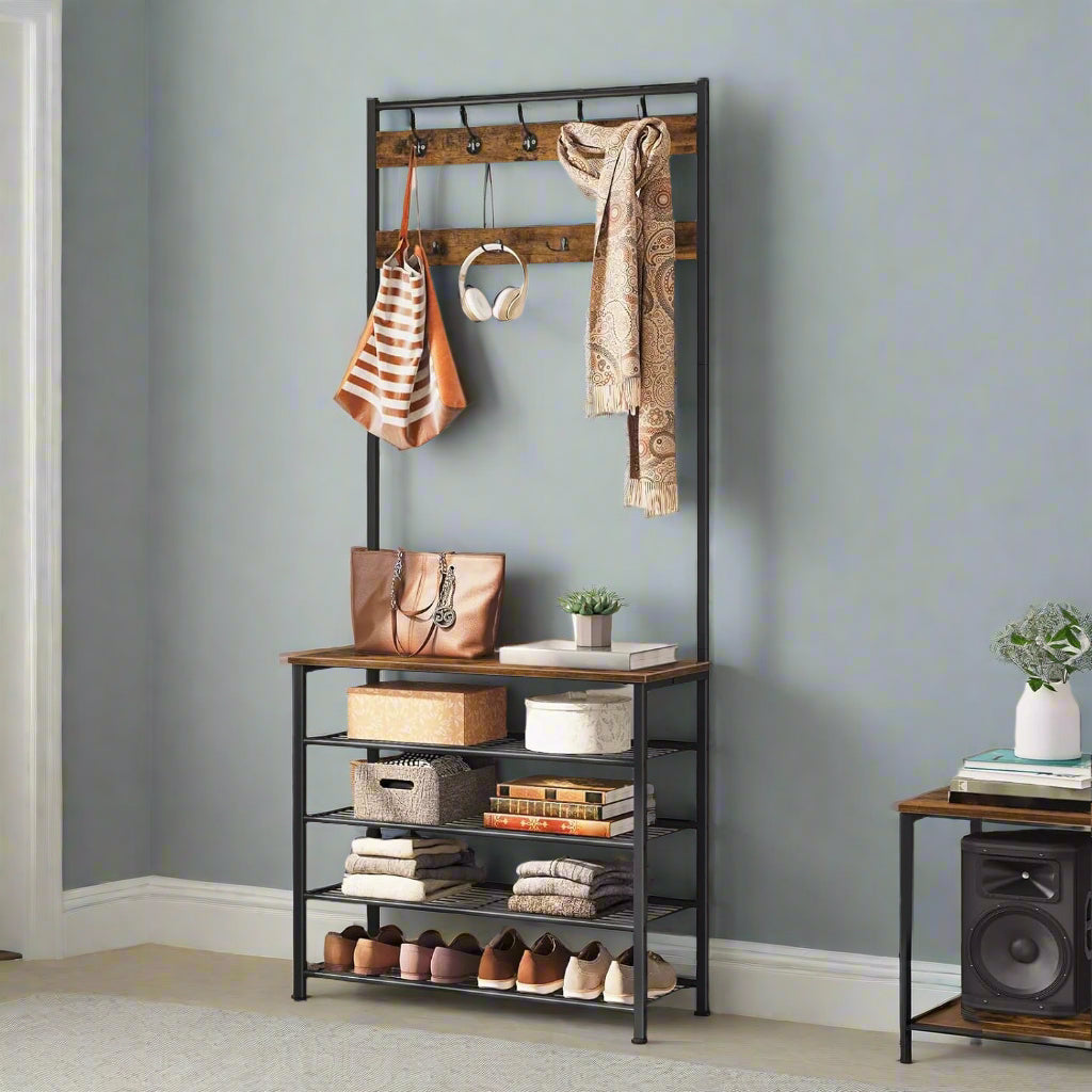 Industrial Coat Stand with Shoe Storage - Hall Tree with 9 Hooks