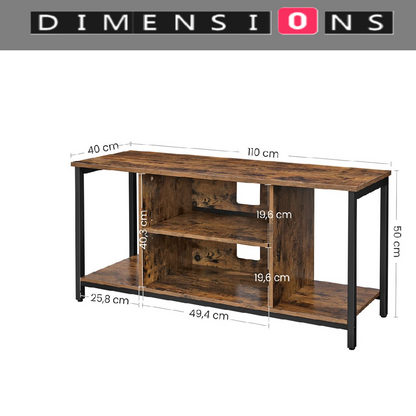 Rustic TV Stand for TVs up to 60 Inches – Industrial Entertainment Unit with Open Shelves, 120 x 40 x 50 cm