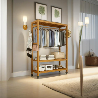 Heavy Duty Wooden Clothes Stand – Garment for Open Wardrobe with Wheels