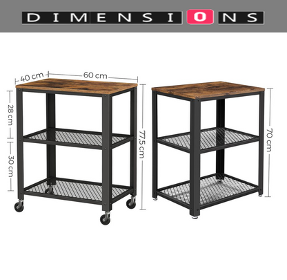 Vintage 3-Tier Serving Trolley with Wheels, Rustic Rolling Kitchen Cart, Heavy Duty Storage Shelf