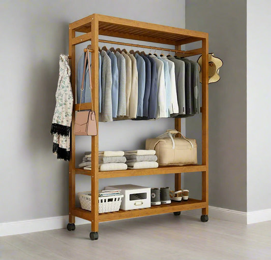 Heavy Duty Wooden Clothes Stand – Garment for Open Wardrobe with Wheels
