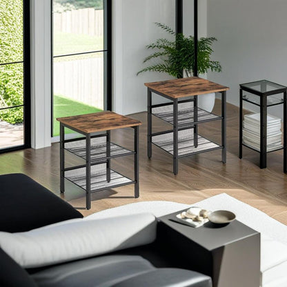 Set of 2 Industrial Side Tables – Rustic Brown & Black Nightstands with Adjustable Mesh Shelves