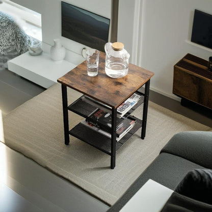 Set of 2 Industrial Side Tables – Rustic Brown & Black Nightstands with Adjustable Mesh Shelves