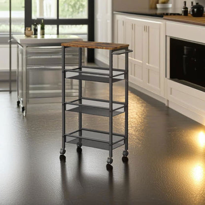 Slim 4-Shelf Rolling Trolley, Space-Saving Kitchen Cart with Wheels, Rustic Brown and Black