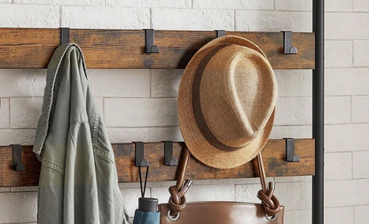 Industrial Coat Tree with Shoe Storage Bench – 9 Hooks