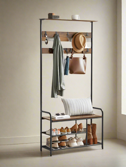 "Multifunctional hallway coat rack with steel frame, rustic brown bench seat, top shelf, and hanging hooks—ideal for entryways or bedrooms."

