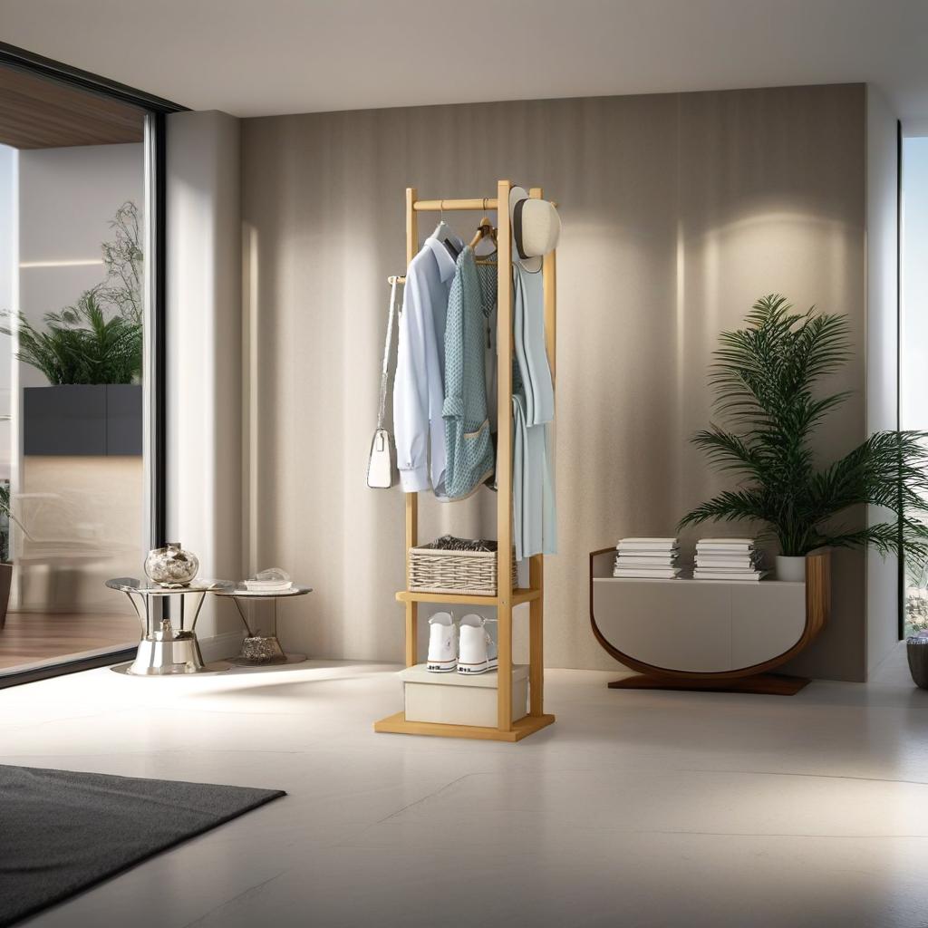 Bamboo Coat Stand with Garment Shelf and Hanging Rail