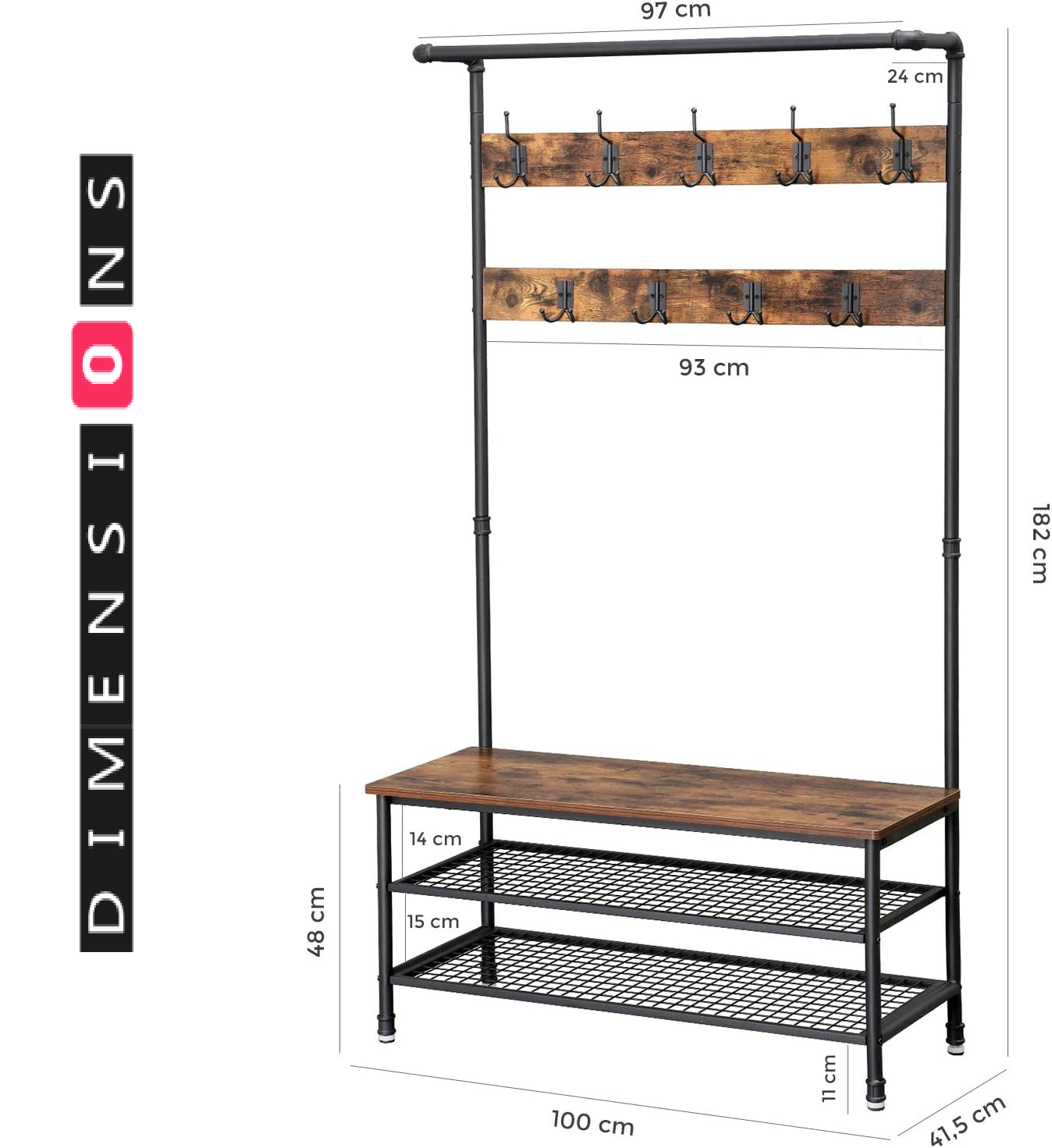 Large Hall Tree Coat Rack with Bench and Shoe Rack