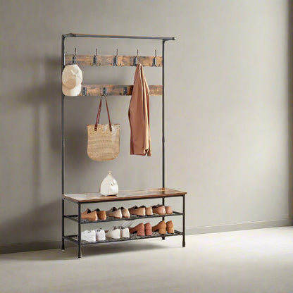 "Oak-white industrial-style coat rack with bench, hanging rail, and dual steel mesh shelves for shoes—ideal for hallways and bedrooms."


