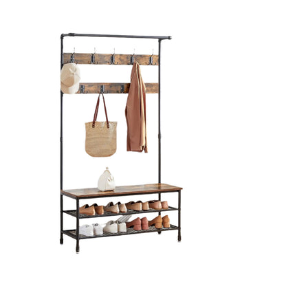 Large Hall Tree Coat Rack with Bench and Shoe Rack