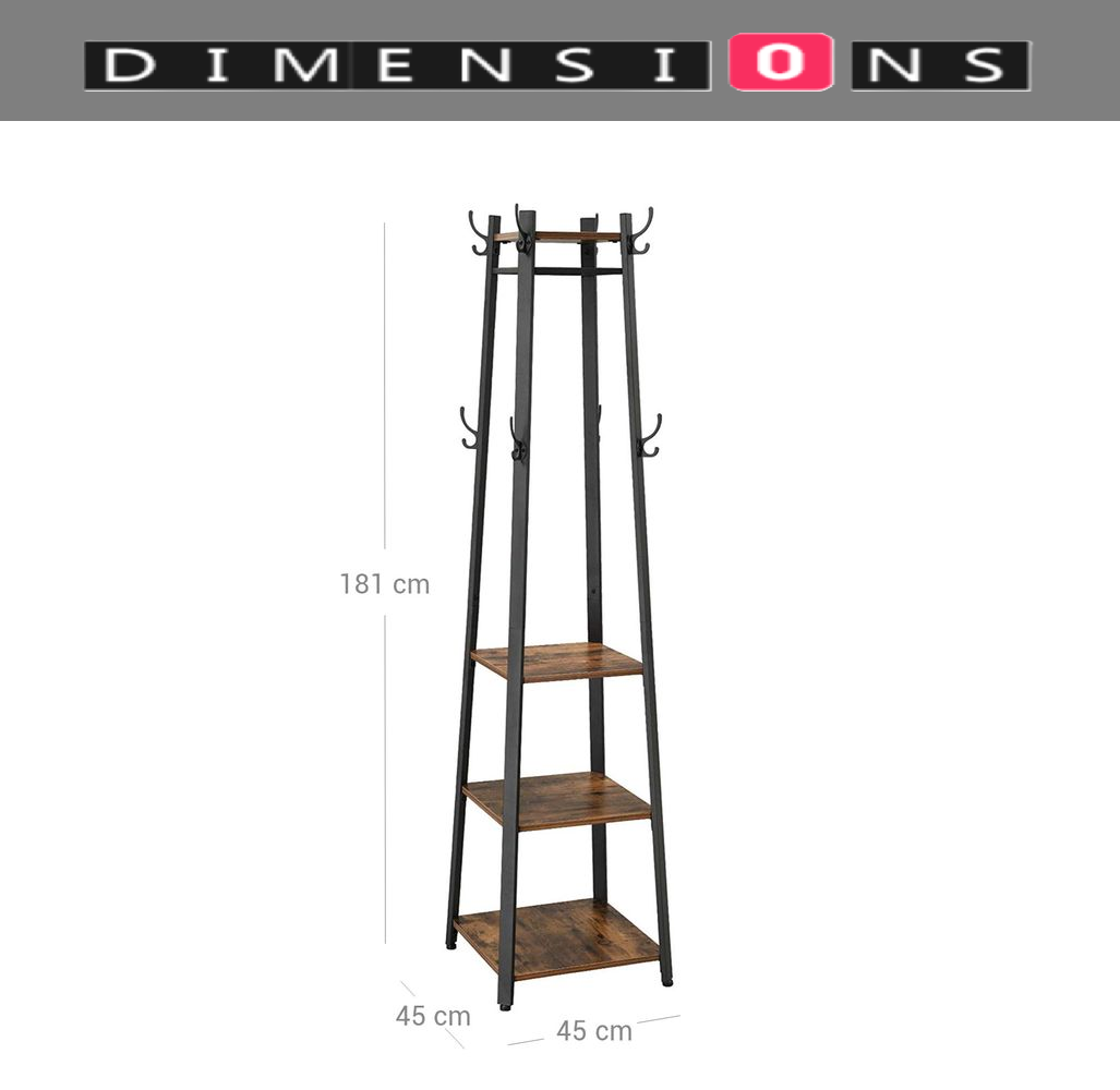 Industrial Coat Rack with Hooks and 3-Tier Storage Shelves – Black & Rustic Brown