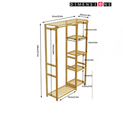 Large Bamboo Garment Rack with Clothes Rail and Shelves