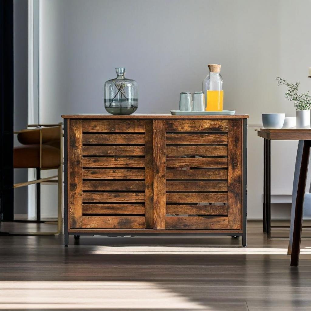 Industrial Sideboard with Sliding Doors – Rustic Brown & Black Storage Cabinet