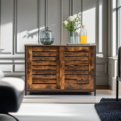 Industrial Sideboard with Sliding Doors – Rustic Brown & Black Storage Cabinet