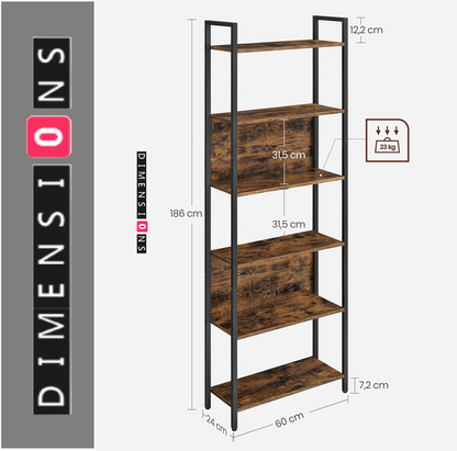 6-Shelf Industrial Bookcase with Steel Structure