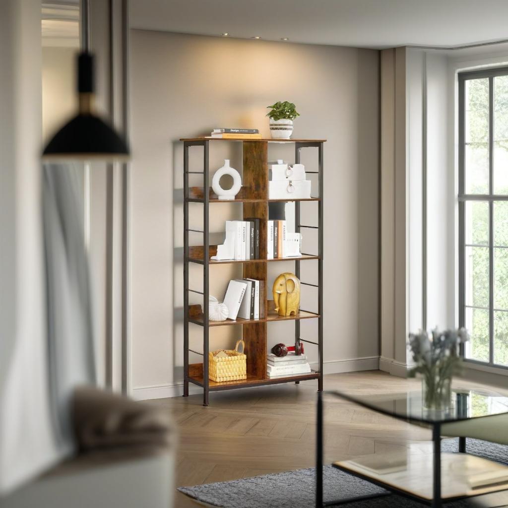 Bookcase Ladder Shelf 4 Tier Rustic Brown and Black Display Rack for Living Room or Office