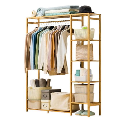 Large Bamboo Garment Rack with Clothes Rail and Shelves