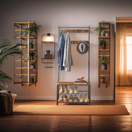 Industrial Coat Stand with Shoe Storage Bench - 3-in-1 Design