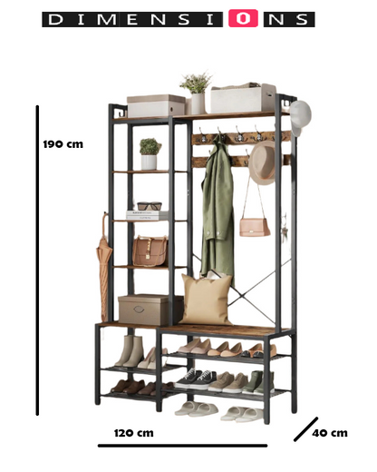 Hall Tree with Bench Shoe Rack 9 Hooks and 5 Shelves Vintage Entryway Coat Stand Storage Unit