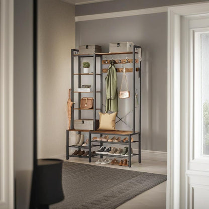 Hall Tree with Bench Shoe Rack 9 Hooks and 5 Shelves Vintage Entryway Coat Stand Storage Unit
