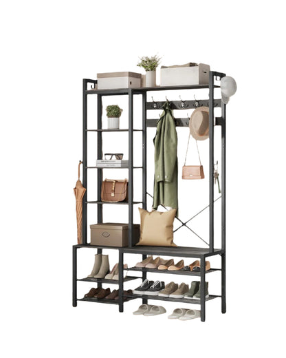 Hall Tree with Bench Shoe Rack 9 Hooks and 5 Shelves Vintage Entryway Coat Stand Storage Unit