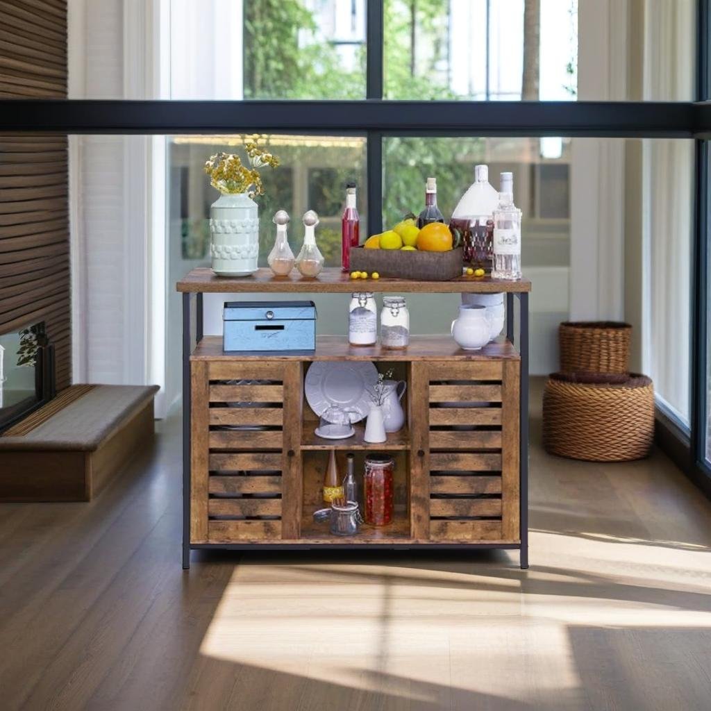 Rustic Floor Standing Cabinet with Louvred Doors – Kitchen Storage Cupboard with Shelves, Industrial Style
