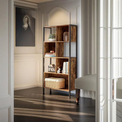 Industrial Bookshelf Rustic Brown Bookcase with Steel Frame for Living Room or Home Office