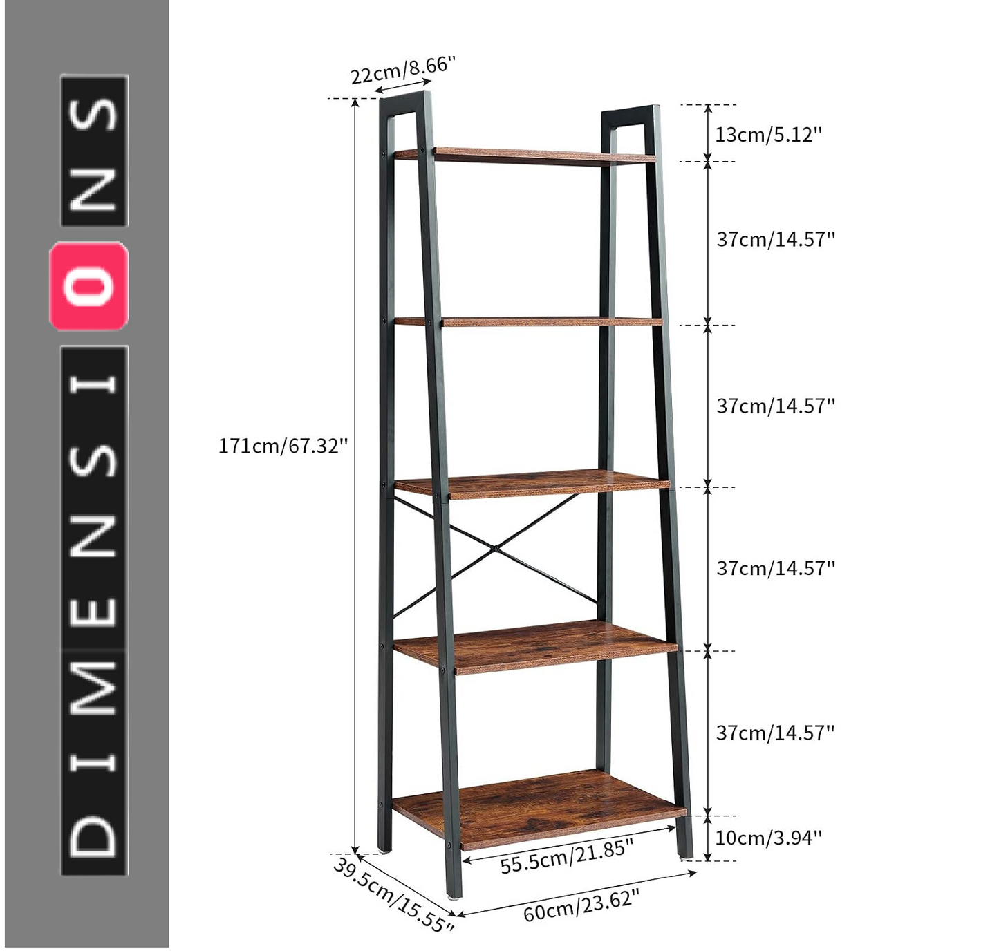 5-Tier Ladder Shelf - Industrial Bookshelf and Plant Stand