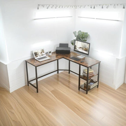 Rustic Brown & Black L-Shaped Computer Desk with Storage Shelves – 138x138 cm