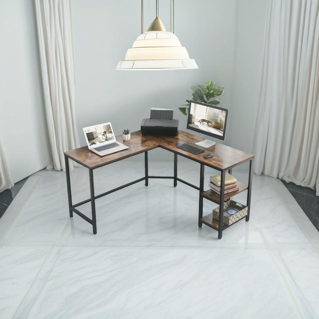 Rustic Brown & Black L-Shaped Computer Desk with Storage Shelves – 138x138 cm