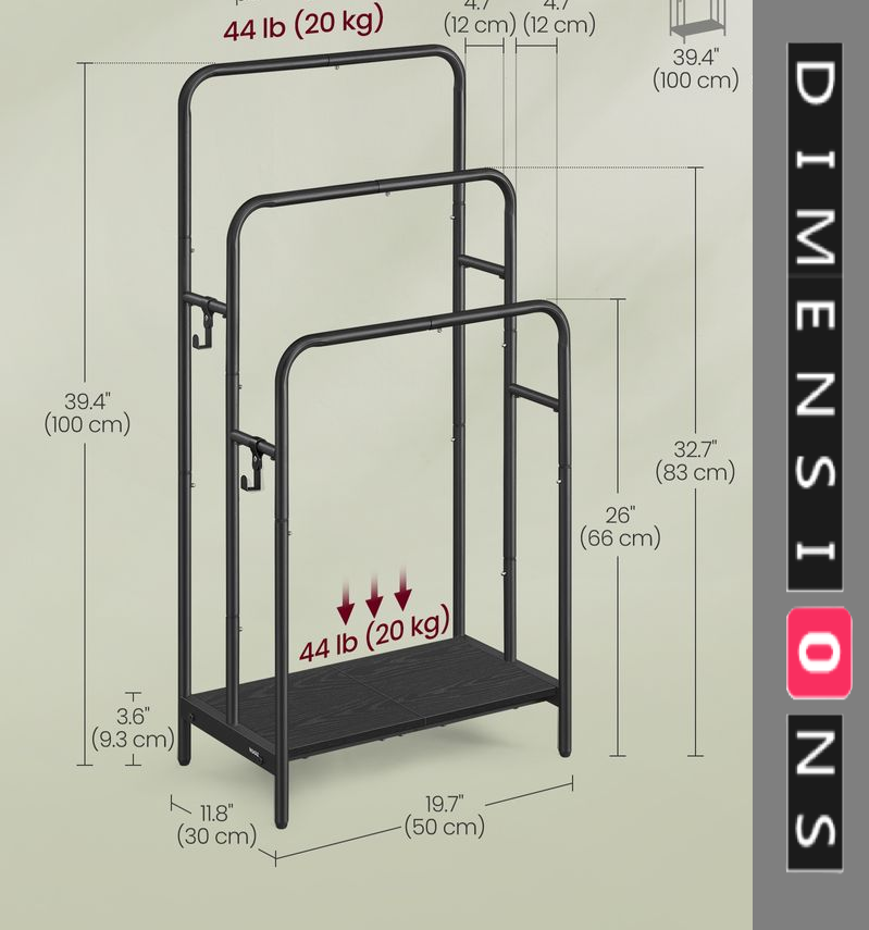 Freestanding 3-Bar Towel Rack with Hooks & Storage Shelf, Ink Black, 50x30x100 cm