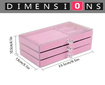Large Pink Acrylic 3 Drawer Jewelry Storage Box Organizer for Rings Earrings Bracelets