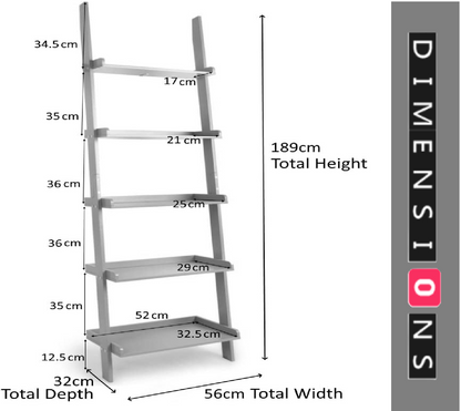 5-Tier White Ladder Shelf - Leaning Storage Bookcase