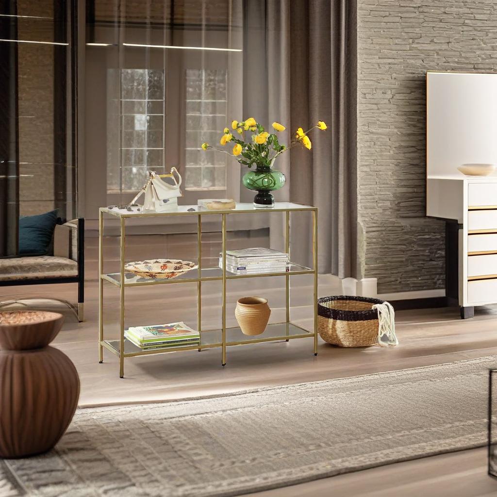 3-Tier Console Table with Tempered Glass Display Shelf