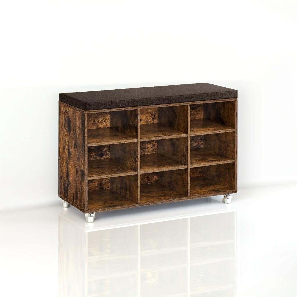 Storage Shoe Bench with Padded Seat and Cushion, 9 Compartments with Adjustable Shelves