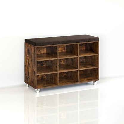 Storage Shoe Bench with Padded Seat and Cushion, 9 Compartments with Adjustable Shelves