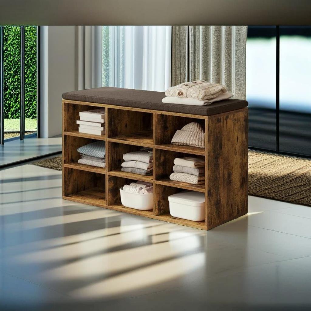 Storage Shoe Bench with Padded Seat and Cushion, 9 Compartments with Adjustable Shelves