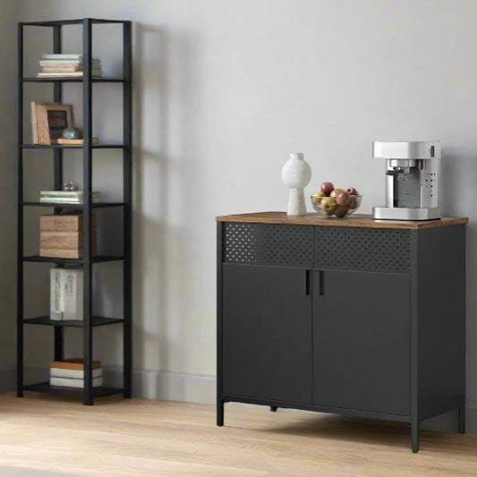 Rustic brown and black floor standing storage cabinet with adjustable shelf and pegboard door

