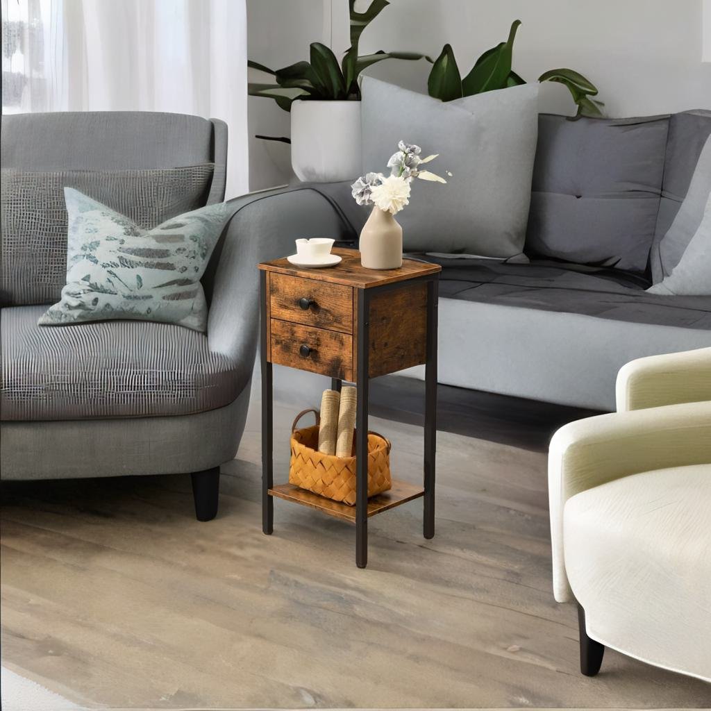Slim Industrial Bedside Table with 2 Drawers