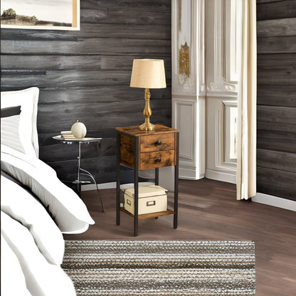Slim Industrial Bedside Table with 2 Drawers