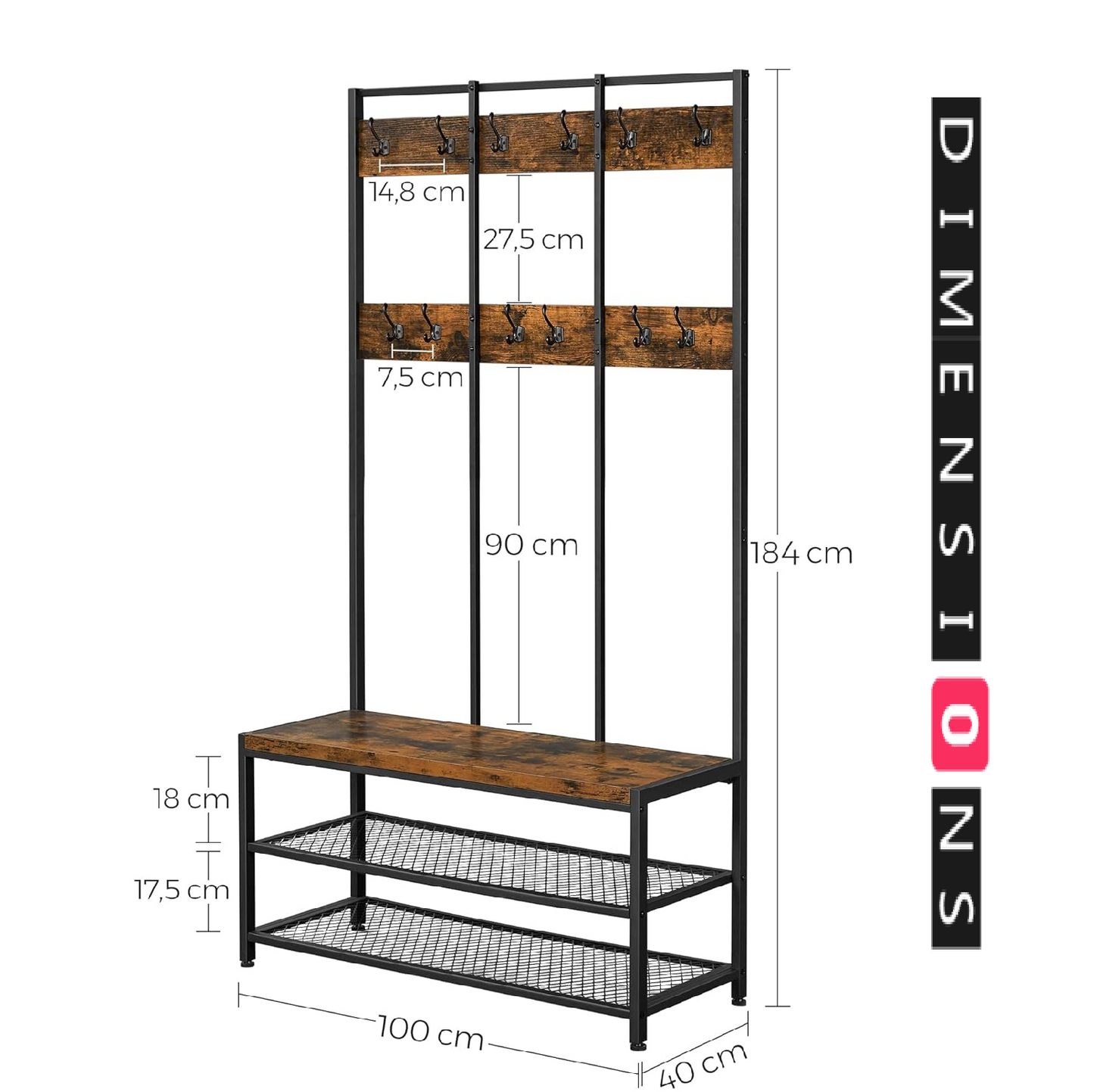 Industrial Entryway Coat Rack with 12 Hooks and Bench