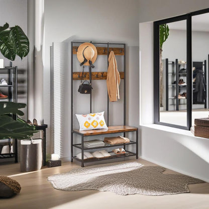 Industrial Entryway Coat Rack with 12 Hooks and Bench